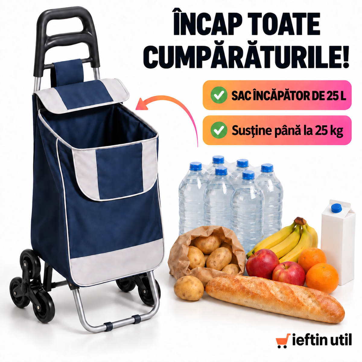 CĂRUCIOR CUMPĂRĂTURI CU ROȚI TRIPLE - MERGE UȘOR PE TREPTE (STAIRROLL)