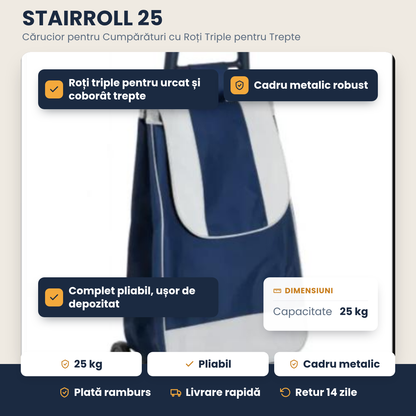 STAIRROLL 25 – Cărucior pentru Cumpărături cu Roți Triple pentru Trepte, până la 25 kg