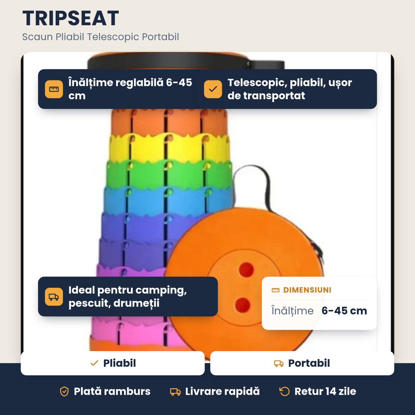 TRIPSEAT – Scaun Pliabil Telescopic Portabil, Reglabil 6–45 cm pentru Camping și Drumetii